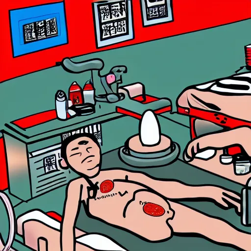 Image similar to chinese surgery operating table, in the style of daniel johnston and outsider art, 8k, line brush, overlaid with chinese adverts