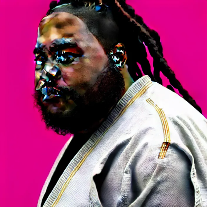 Image similar to hyperrealistic mixed media portrait of an overweight black man with dreads wearing a gi, doing martial arts, 8 k octane beautifully detailed render, post - processing, extremely hyperdetailed, trending on artstation