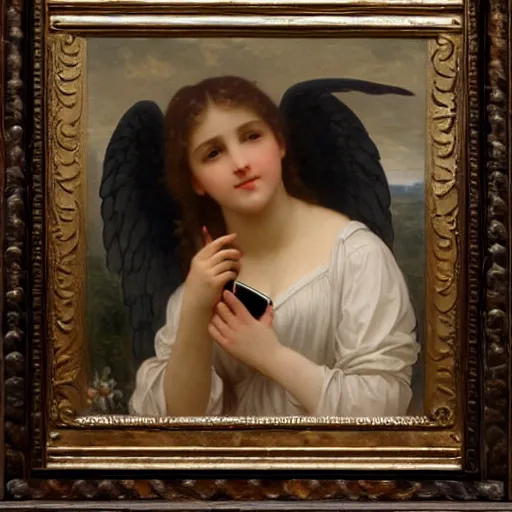 Image similar to a glorious oil painting of an angel talking through an iPhone, by Bouguereau, highly realistic and intricate