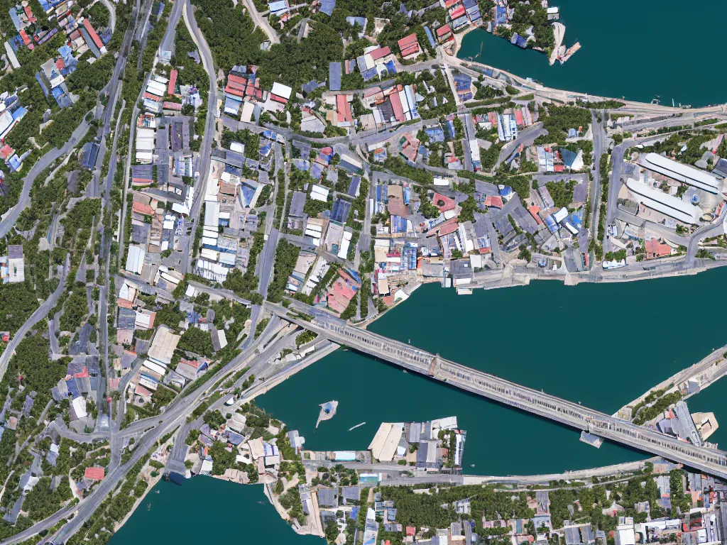 Image similar to satellite imagery of a small city with shops, shipping dock, and beach to the south. a bridge crosses a big lake, with a town hall, marketplace, and towers to the north. there is a field in the middle of the city. small hills and woods north of the city