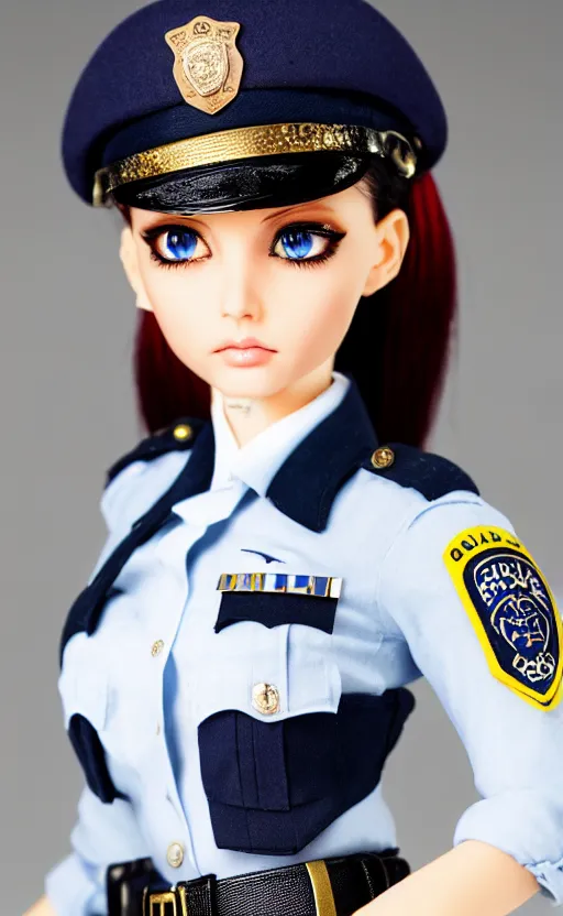 Image similar to dollfie in police uniform, red hair, blue eyes,