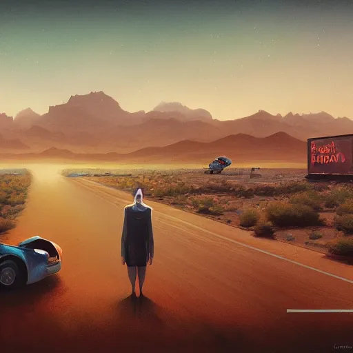 Image similar to desert spaceport junction, chillwave, electronic billboards, tech noir, wet reflections, atmospheric, ambient, livia prima, greg rutkowski, edward hopper, pj crook