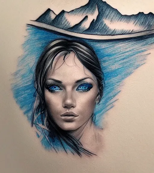 Image similar to tattoo design sketch of a beautiful blue - eyed woman face with a faded background of beautiful mountains and nature on her side, hyper - realistic, in the style of den yakovlev, amazing detail, black and white