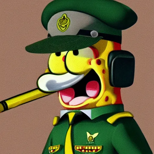 Image similar to realistic painting of spongebob as a soldier in the israeli defense force, wearing a green idf uniform, smoking a cigarette, standing in the desert, highly detailed, photorealistic, intricate, digital art, trending on artstation