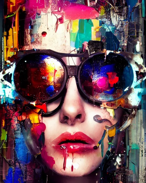 Prompt: a cyberpunk girl wearing broken sunglasses, side portrait, passionate, spotlight, dramatic, paint drips, collage, mixed media, paint splatter, vibrant colors, futuristic clothing, beautiful eyes, broken glass, by marco paludet, by jeremy mann, by hannah hoch