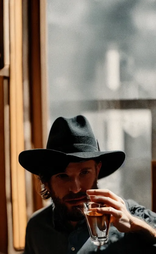 Prompt: a dark gray fedora and a glass of whiskey on a dark wood bar near a window, dramatic lighting.