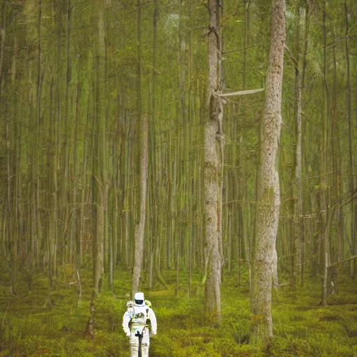 Prompt: An astronaut exploring a green swamp in an alien planet at golden hour