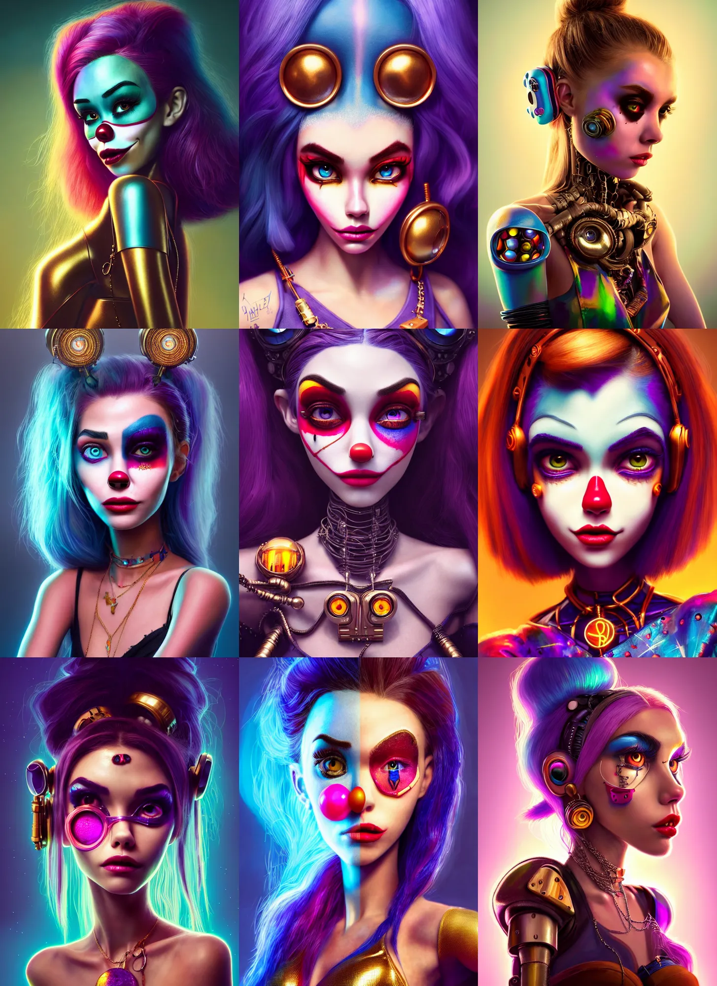 Prompt: pixar portrait 8 k photo, beautiful edc dirty clowncore madison beer cyborg woman, golden ratio jewelry, sci - fi, fantasy, cyberpunk, intricate, elegant, highly detailed, digital painting, ever after high, octane render, artstation, concept art, smooth, sharp focus, illustration, art by artgerm, loish, wlop