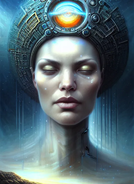 Image similar to closeup portrait shot of cosmic thoughts in a scenic dystopian environment, intricate, elegant, highly detailed, centered, digital painting, artstation, concept art, smooth, sharp focus, illustration, artgerm, tomasz alen kopera, peter mohrbacher, donato giancola, joseph christian leyendecker, wlop, boris vallejo