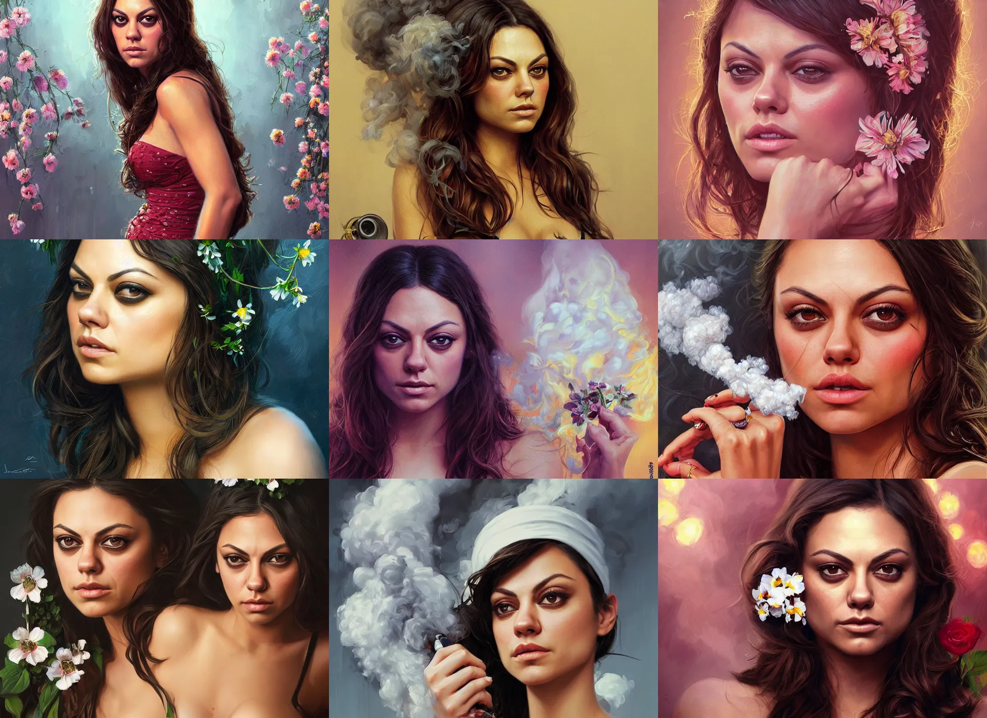 Prompt: sophisticated portrait of Mila Kunis, flower power, thick smoke Paris bar, elegance, highly detailed, shallow depth of field, concept art, Artstation, Artgerm, Donato Giancola, Joseph Christian Leyendecker, WLOP