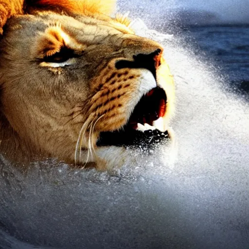 Image similar to a lion's face breaching through a wave, stormy weather