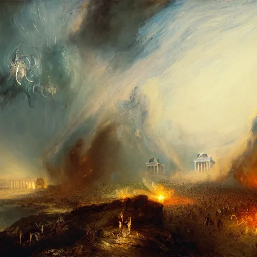 Image similar to highly detailed painting of alien androids attacking washington dc and american army, by william turner, by greg rutkowski, by william constable, thick brush strokes and visible paint layers, 4 k resolution