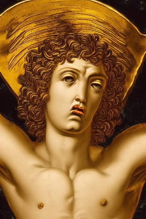 Image similar to archangel Michael, agony face, closeup, ultra detailed, made in gold, Guido Reni style