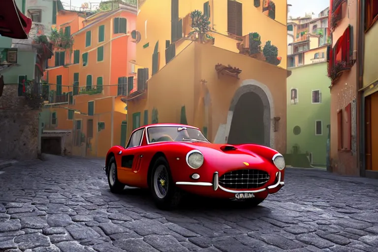 Image similar to a wholesome animation key shot of!! one!! focused!! ferrari 2 5 0 gt!! in beautiful cinque terre italy street, medium shot, studio ghibli, ( pixar ) and disney animation, sharp, very detailed, high resolution, rendered in unreal engine 5, anime key art by greg rutkowski, bloom, dramatic lighting