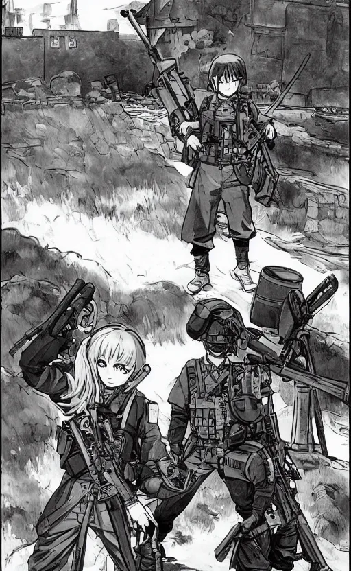 Prompt: manga style, from shonen jump, black inking, modern warfare, portrait of a girl under artillery fire, trench sandbags in background, soldier clothing, long hair, hair down, symmetrical facial features, comic page, trending pixiv, shadow patterns, by alphonse mucha, greg rutkowski, cushart kenz, sharp focus, backlit