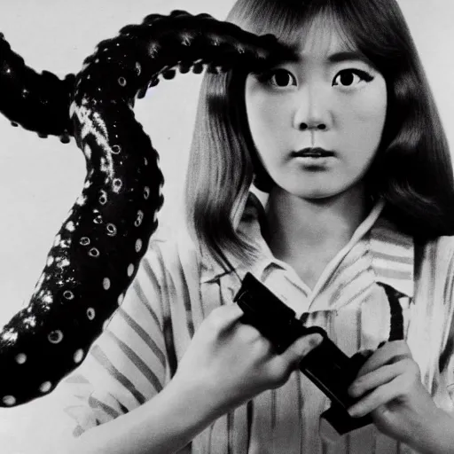 Image similar to japanese 70s black and White TV show, Photorealistic, highly detailed, girl fighting tentacles coming out of a vintage TV set