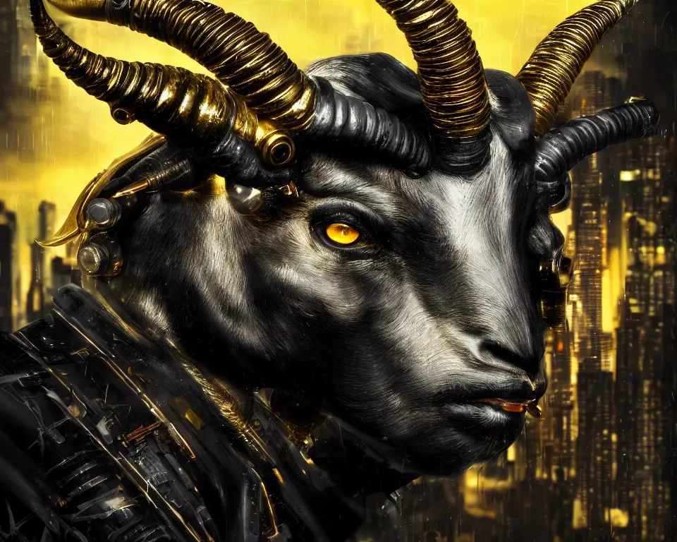 Image similar to cyberpunk Black ram with golden horns portrait, detailed face and eyes, city background, by Anne Stokes, 8K DoP