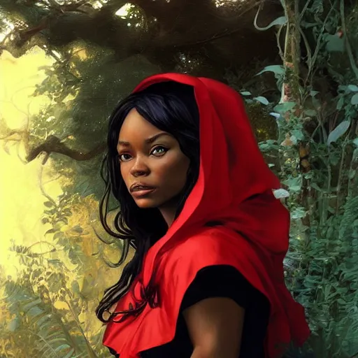 Image similar to Portrait of Little Red Riding Hood with a black panther, intricate, wild, highly detailed, digital painting, artstation, concept art, smooth, sharp focus, illustration, art by artgerm and greg rutkowski and alphonse mucha, footage from space camera