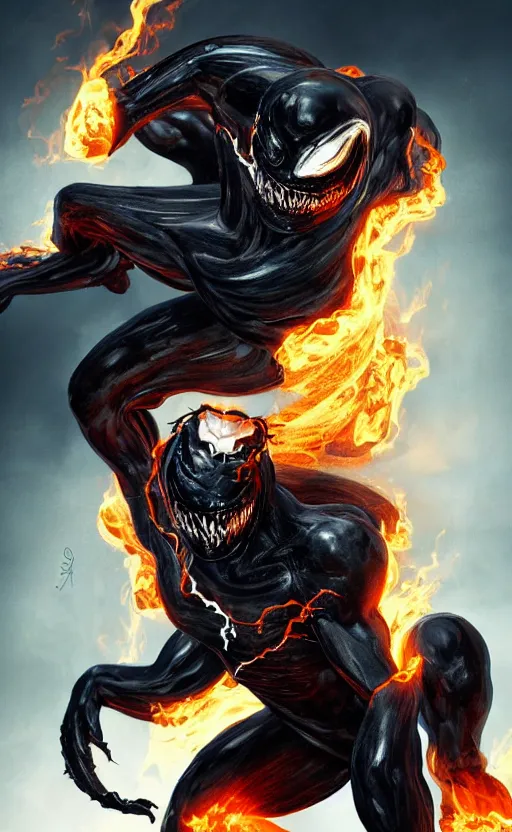 Image similar to venom as ghost rider, dynamic lighting, photorealistic fantasy concept art, trending on art station, stunning visuals, terrifying, creative, cinematic