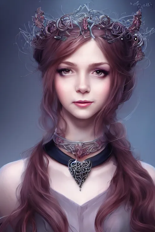 Image similar to portrait of a gorgeous young female artificer, looking at camera, D&D, choker on neck, stylish dress, mouth slightly open, cute slightly nerdy smile, very long flowing hair, intricate, elegant, stylish, fantasy, extremely detailed, digital painting, artstation, concept art, smooth, sharp focus, illustration, stunning lighting, art by artgerm and greg rutkowski and alphonse mucha and simon stalenhag