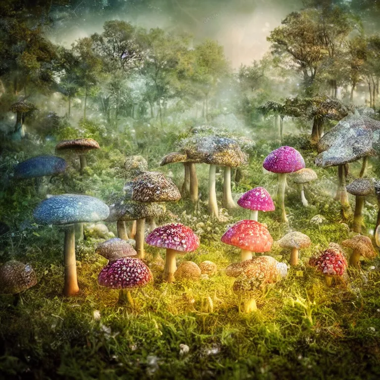 Image similar to a planet of various fungus like trees, mushrooms, flowers and plants, artistic photography, conceptual, long exposure outside the city, volumetric light