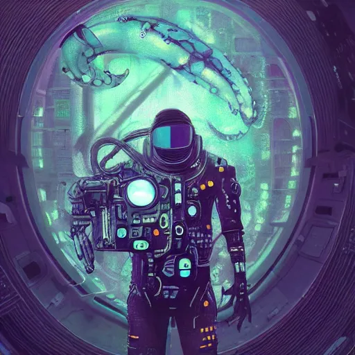 Image similar to hyperrealistic portrait of a squid monster astronaut, full body portrait, well lit, intricate abstract. cyberpunk, intricate artwork, by Tooth Wu, wlop, beeple. octane render,in the style of Jin Kagetsu, James Jean and wlop, highly detailed, sharp focus, intricate concept art, digital painting, ambient lighting, 4k, artstation