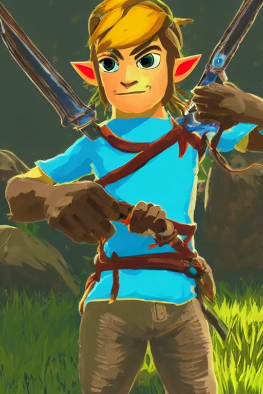 Prompt: an in game portrait of a. angry monkey holding the master sword from the legend of zelda breath of the wild, breath of the wild art style.