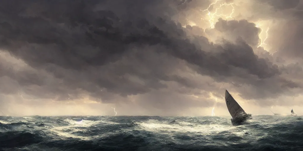 Prompt: A sailing boat struggles through stormy seas, an intense storm blacks out the sky, lit by lightning, Greg Rutkowski and Studio Ghibli