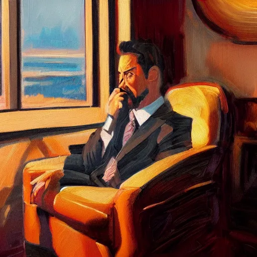 Prompt: oil painting of tony stark sitting in an armchair in a room with the setting sun, by jama jurabaev, brush hard, golden hour, brush stroke