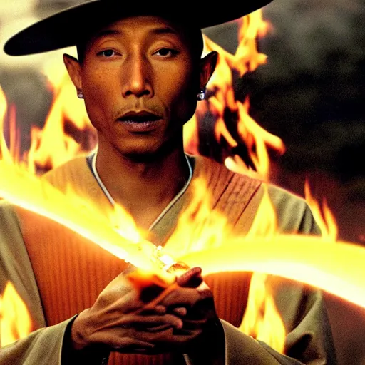 Image similar to cinematic film still Pharrell Williams starring as a Samurai holding fire, Japanese CGI, VFX, 2003, 40mm lens, shallow depth of field,film photography