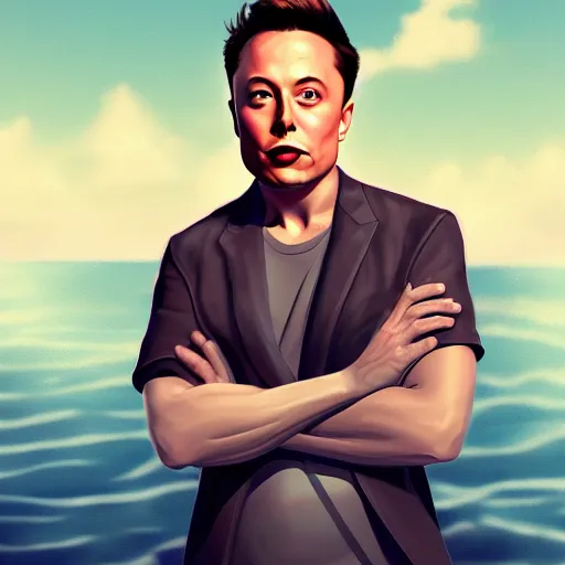 Image similar to elon musk chilling on the beach,digital art,detailed face,artstation,deviantart