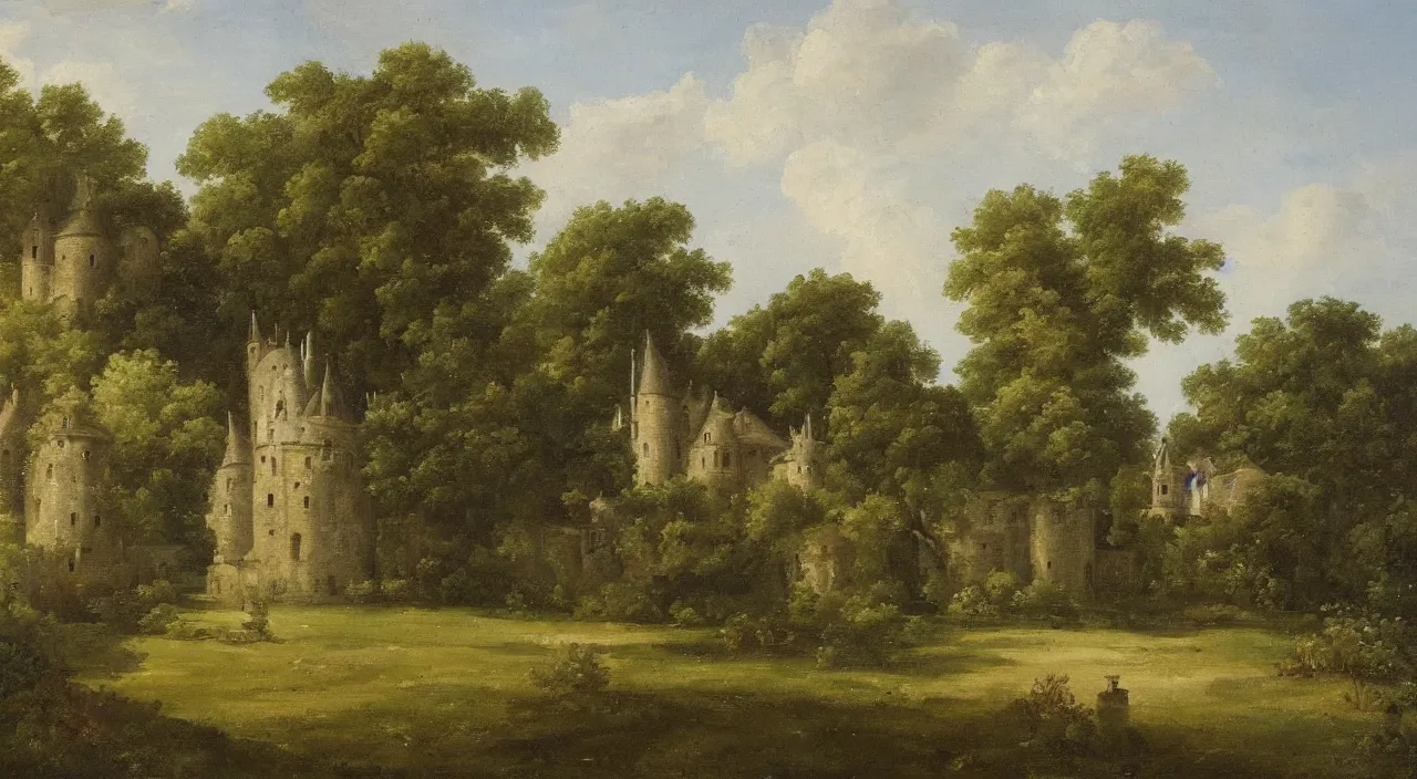 Prompt: a landscape painting of a French castle, with a garden