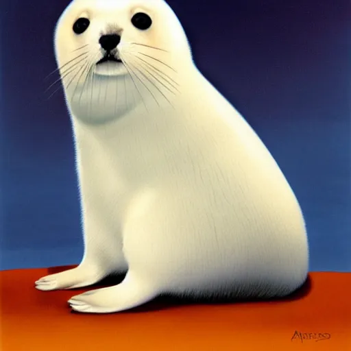 Prompt: portrait of a baby harp seal super hero, oil painting by alex ross