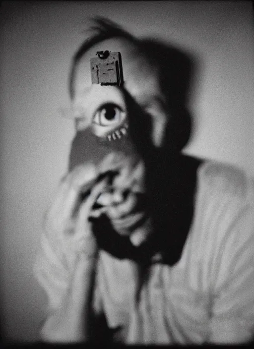 Image similar to studio portrait, man with dozens of eyes on his fave, detailed, horror. dusk, sunset, film photo, rollei 3 5 camera, tri - x film