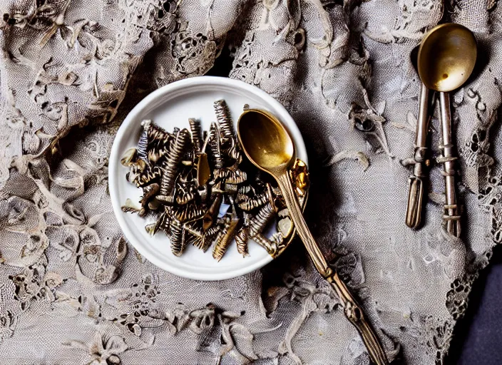 Image similar to dslr photograph of a beautiful bowl filled with rusty nails screws and bolts with a spoon next to it on a lace napkin, 8 5 mm f 1. 8