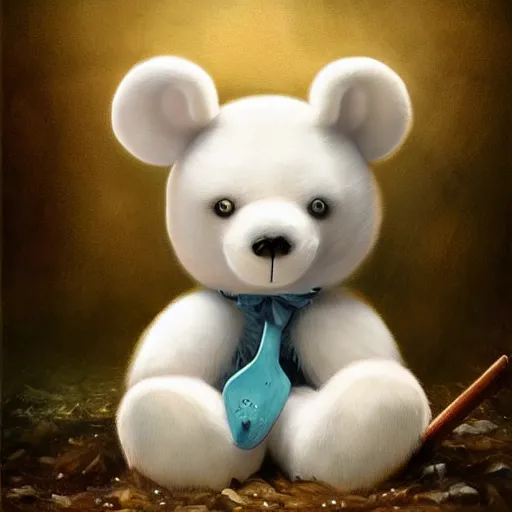 Image similar to cute porcelain doll ice bear with axe in san fransisco, mark ryden style, vivid colors, high details, cinematic, 8 k resolution, beautiful detailed, photorealistic, digital painting, dark atmosphere, artstation, concept art, smooth, sharp focus, illustration, fantasy background, artstation trending, octane render, unreal engine