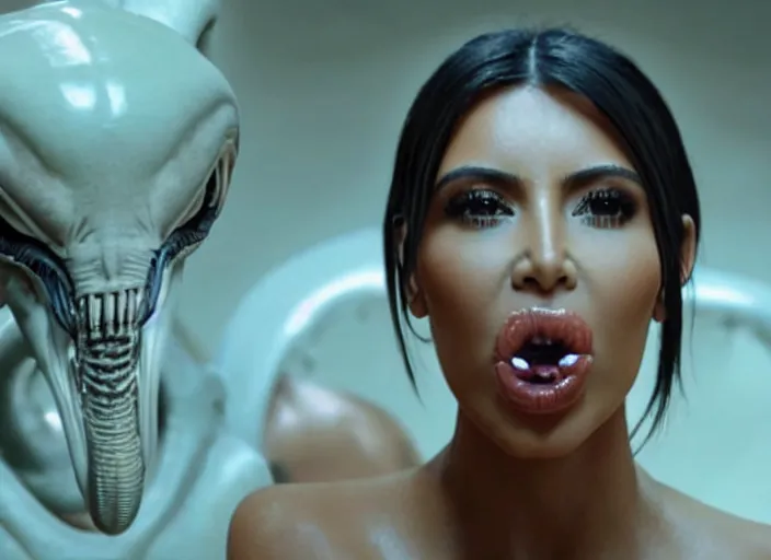 Image similar to film still of kim kardashian ingesting alien goo from the mouth of an xenomorph, transparent goo, transparent liquid, saliva, 8 k