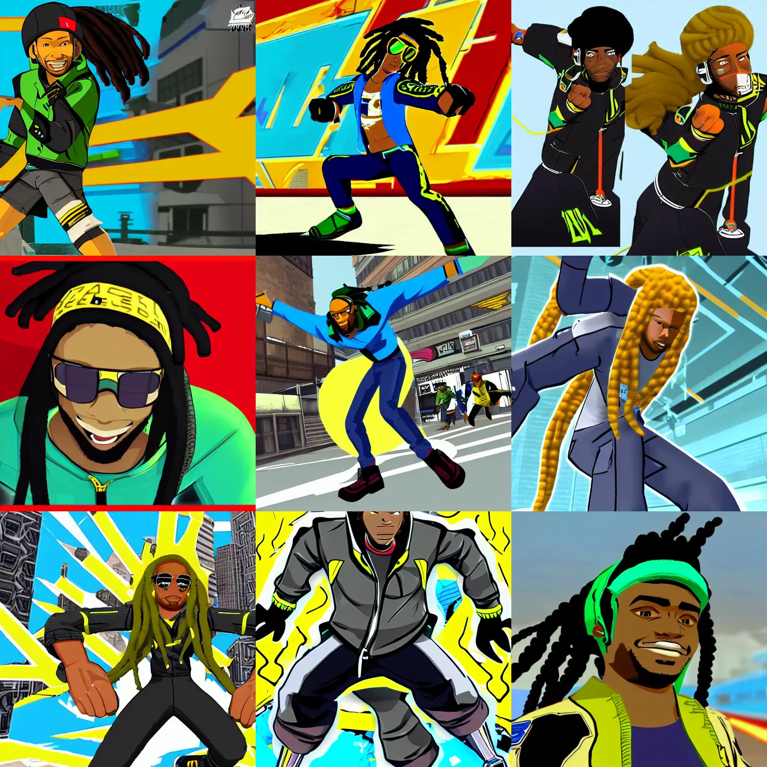 Prompt: woolie madden in jet se radio future, dreadlocks, cel - shading