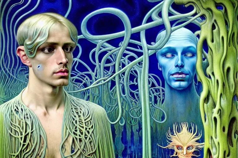 Image similar to realistic detailed portrait painting of a beautiful ghost man with blond hair with an alien, futuristic sci-fi forest on background by Jean Delville, Amano, Yves Tanguy, Alphonse Mucha, Ernst Haeckel, Edward Robert Hughes, Roger Dean, rich moody colours, blue eyes