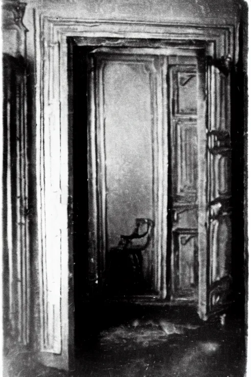 Prompt: Black and white camera obscura image of creepy room, 1910s paris, scary, horror, dark mood