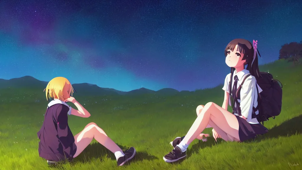 Image similar to a schoolgirl girl sat on the hillside and looked at the stars in the night sky, midnight, spectacular milky way, shining meteor, rich vivid colors, ambient lighting, official media, anime key visual, makoto shinkai, ilya kuvshinov, lois van baarle, rossdraws, detailed, trending on artstation.