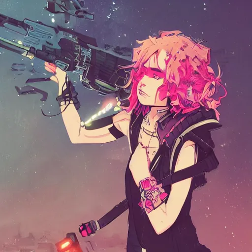 Prompt: close up, a grungy cyberpunk anime, very cute, pose pointing a bow and shouting by super ss, cyberpunk fashion, curly pink hair, night sky by wlop, james jean, victo ngai, highly detailed