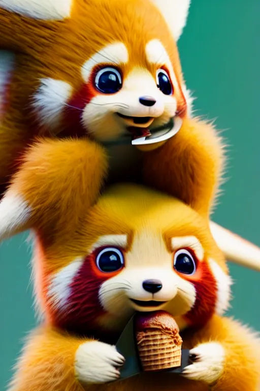 Image similar to high quality 3 d render hyperrealist very cute lowbrow happy red panda & hedgehog hybrid eating ice cream, vray smooth, detective pikachu, very dramatic light, low angle, uhd 8 k, shallow depth or field