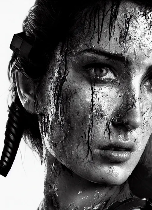 Prompt: a studio photography, film still of lara croft as cop, her face muddy and sweat, direct sun light, close up potrait, cinematic,