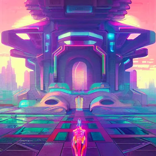 Image similar to street view of a cybernetic temple, vaporwave aesthetic, colorful, psychedelic, digital painting, artstation, concept art, smooth, sharp focus, illustration, art by artgerm and greg rutkowski and alphonse mucha