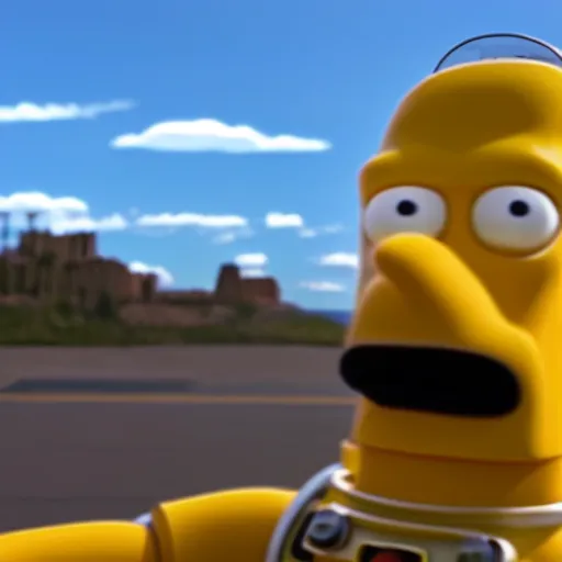 Image similar to wide angle Homer Simpson as C3PO, background blue sky puffy clouds cinematic 4k