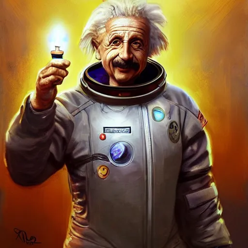 Prompt: albert einstein man in a space suit with a light in his hand, concept art by Raymond Swanland, cgsociety, afrofuturism, future tech, cryengine, concept art