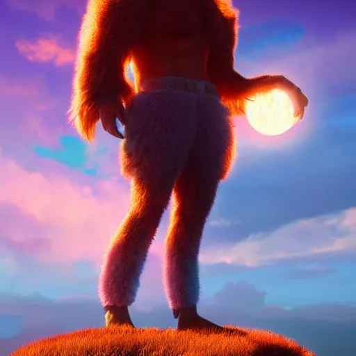 Image similar to colossal fluffy rick, golden hour, fantasy, vivid colors, sharp focus, digital art, hyper - realistic, 4 k, unreal engine, highly detailed, hd, dramatic lighting by brom, trending on artstation