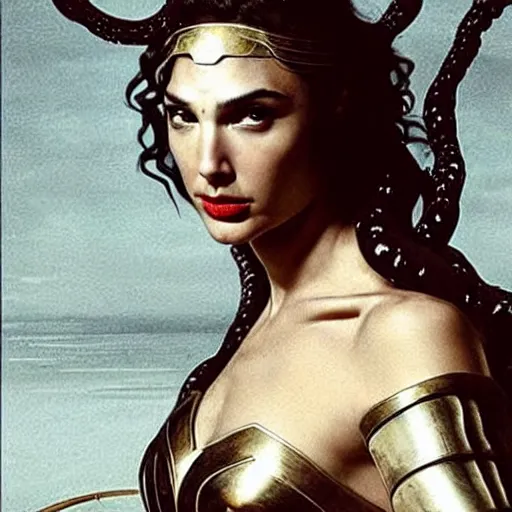 Image similar to gal gadot as medusa on her face an expression of horror and her hair is all writhing serpents by caravaggio