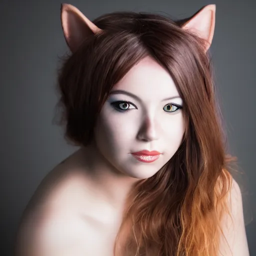 Prompt: face portrait, catgirl cosplayer, studio photography, rembrandt lighting, dark background, fog, 8 5 mm f / 1. 4